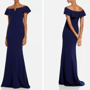 Aqua Formal Elegant Off-Shoulder Navy Blue Evening Gown